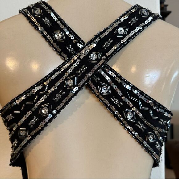 Hailey Logan by Adrianna Papell Black Embellished Gown Criss Cross Back Size 3/4 - Picture 8 of 16